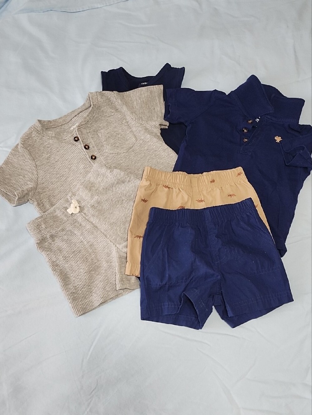 Taupe Two-Piece Outfit Set, Navy Baby Romper, Shorts, Top - 12M